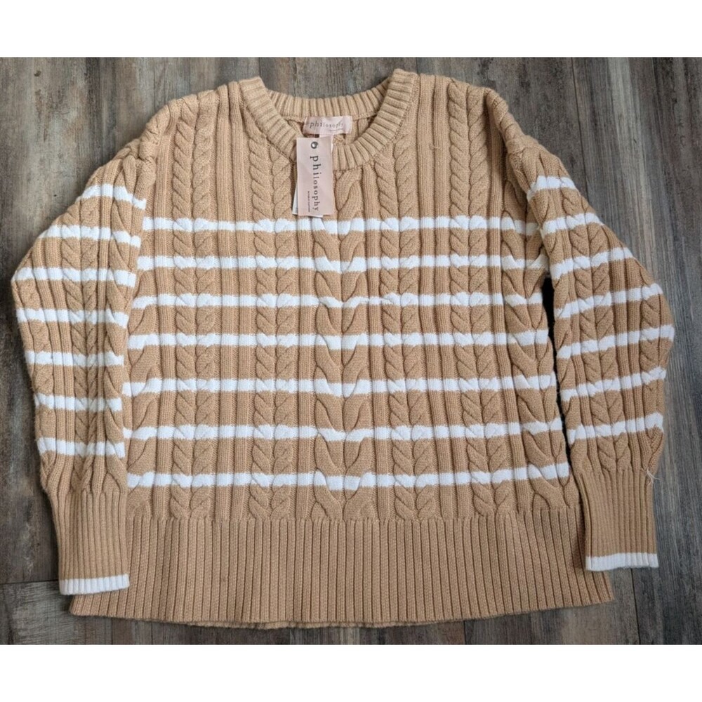 NWT Philosophy Sweater Natural Beige/Chalk Striped Women's Medium Crewneck NEW